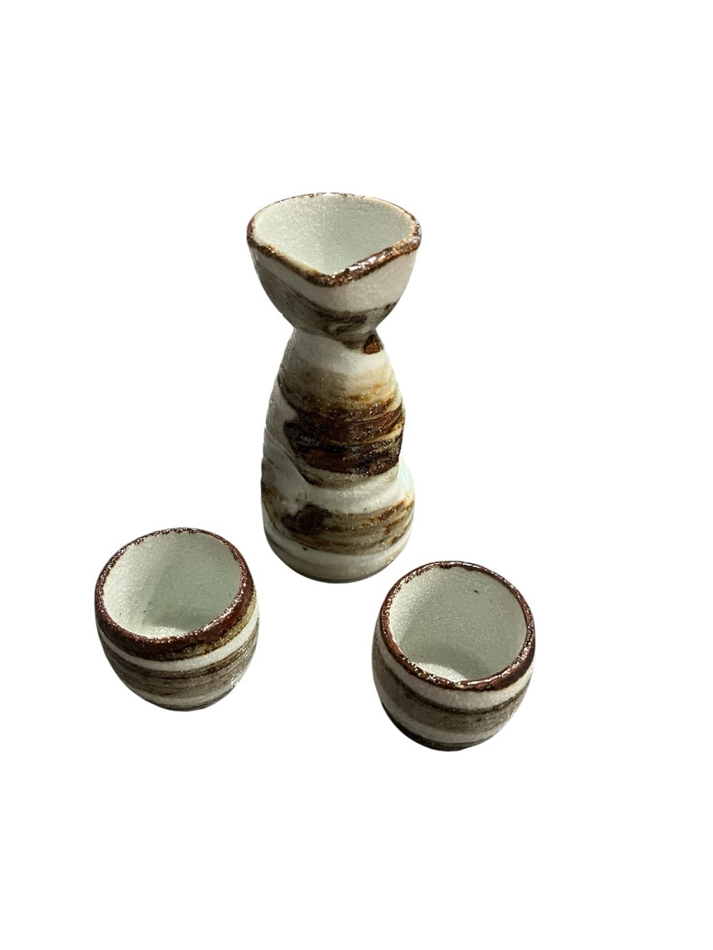 Japanese Hand Made Pottery Saki Set Decanter Two Cups Stoneware Cream Brown